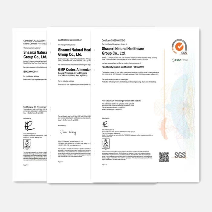 Certificações Qyherb Updated FSSC 22000, GMP, ISO 22000